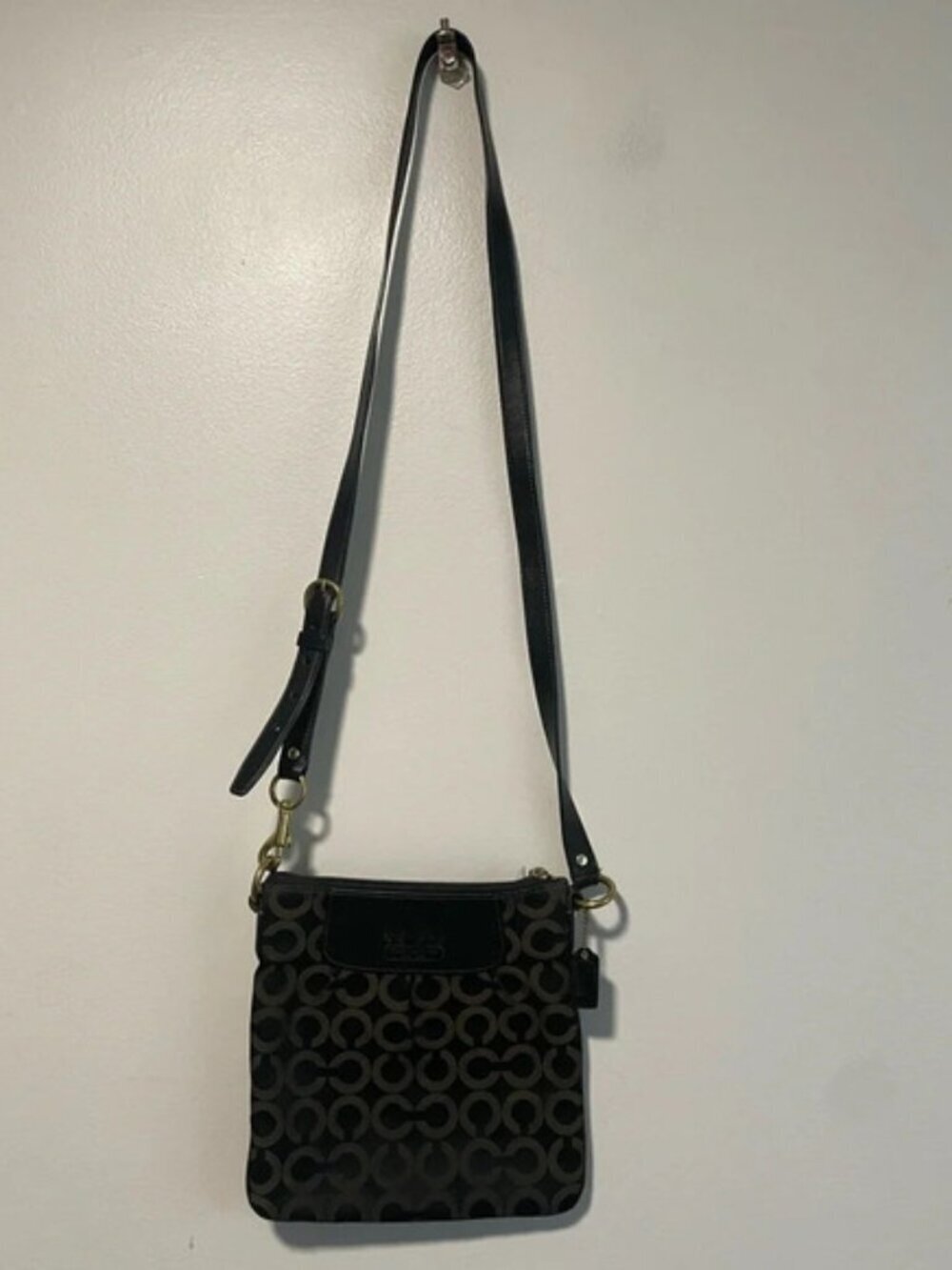 Coach Signature Black and Brown Jacquard Fabric Crossbody Bag with Leather Trim